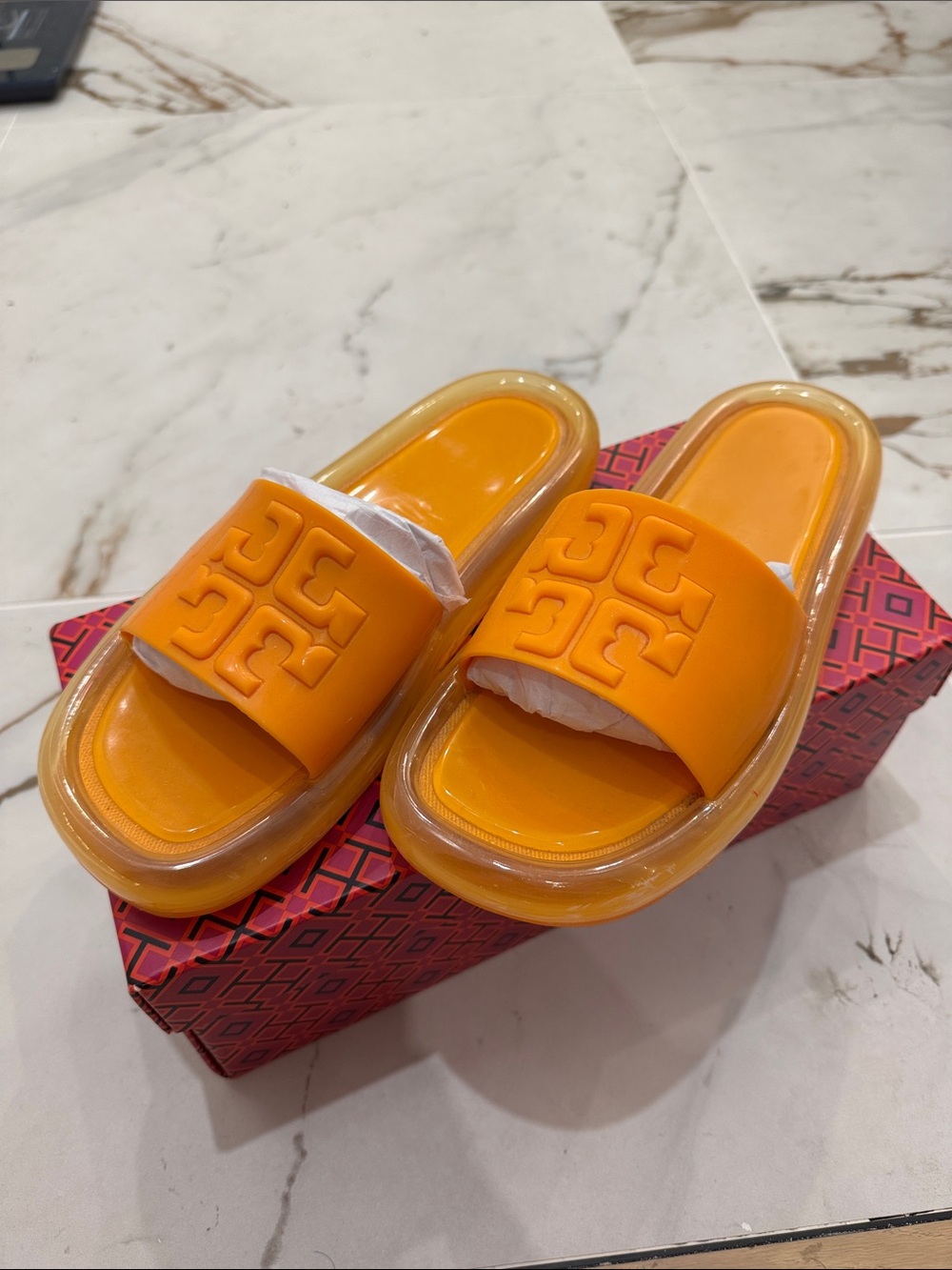 Tory Burch Orange Logo Jelly Slide Sandals